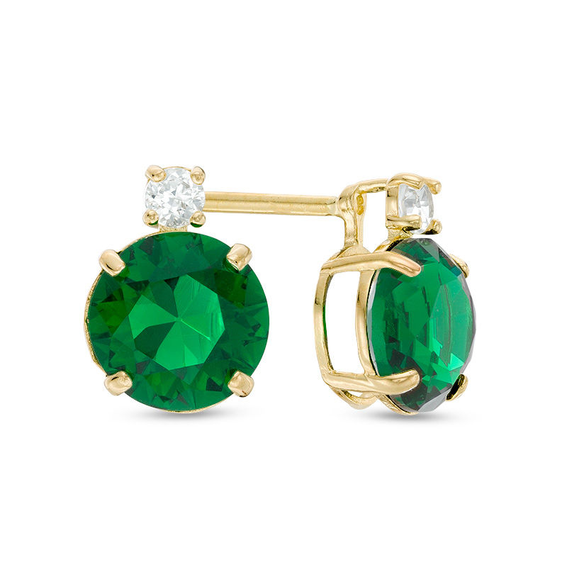 Main Image 1 of 6mm Simulated Emerald and Lab-Created White Sapphire Stud Earrings in 10K Gold