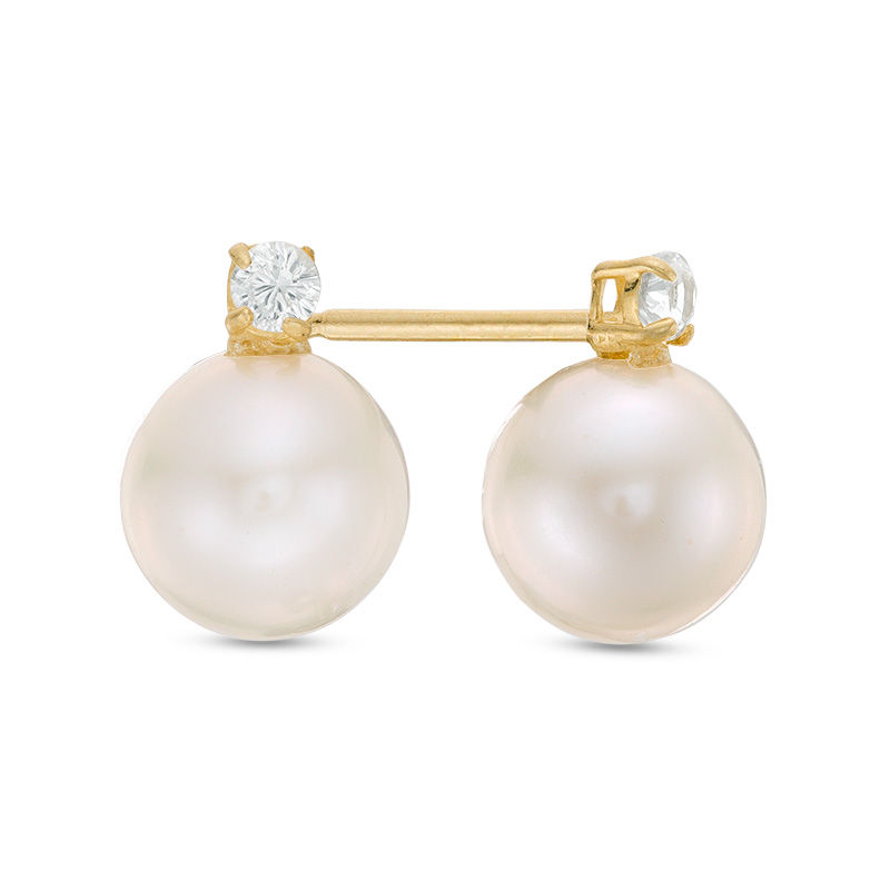 Main Image 1 of 5.75 - 6.25mm Freshwater Cultured Pearl and Lab-Created White Sapphire Stud Earrings in 10K Gold