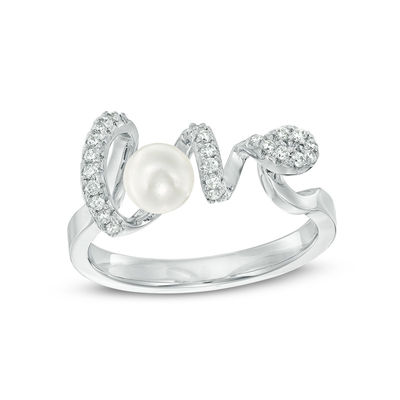 4.75 - 5.25mm Freshwater Cultured Pearl and Cubic Zirconia "love" Ring in Sterling Silver - Size 7