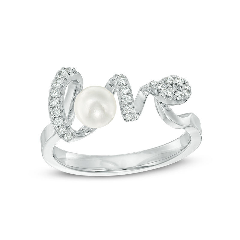 4.75 - 5.25mm Cultured Freshwater Pearl and Cubic Zirconia "love" Ring in Sterling Silver - Size 7