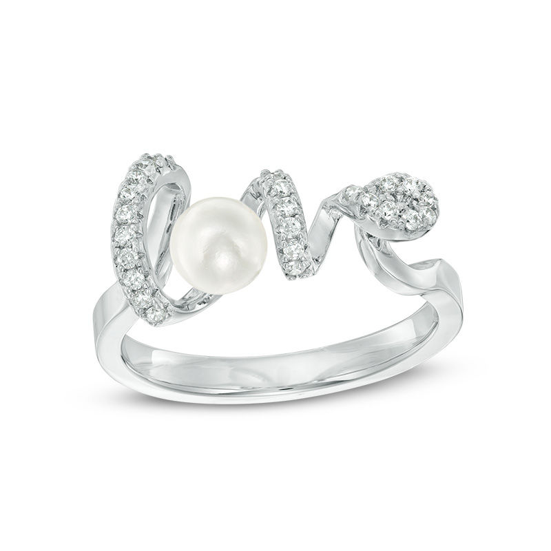 Main Image 1 of 4.75 - 5.25mm Freshwater Cultured Pearl and Cubic Zirconia "love" Ring in Sterling Silver - Size 7