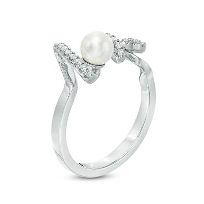 4.75 - 5.25mm Freshwater Cultured Pearl and Cubic Zirconia "love" Ring in Sterling Silver - Size 7