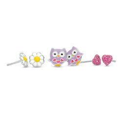 Child's Pink Crystal Heart and Multi-Color Enamel Owl and Flower Stud Earrings Set in Sterling Silver