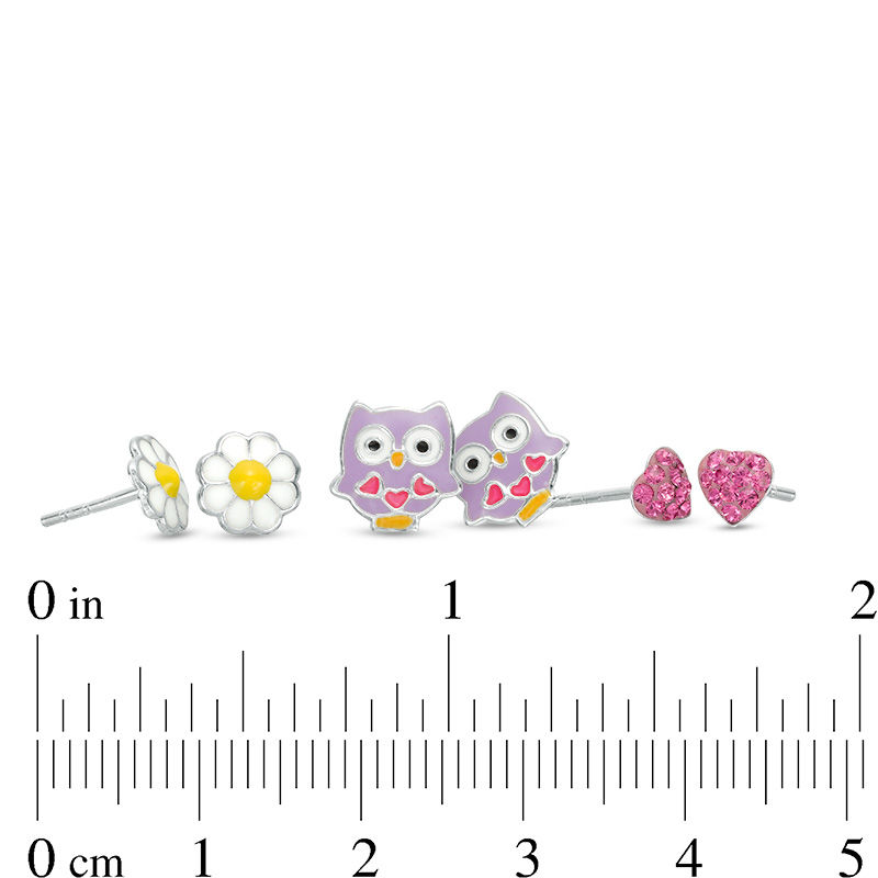Main Image 2 of Child's Pink Crystal Heart and Multi-Color Enamel Owl and Flower Stud Earrings Set in Sterling Silver
