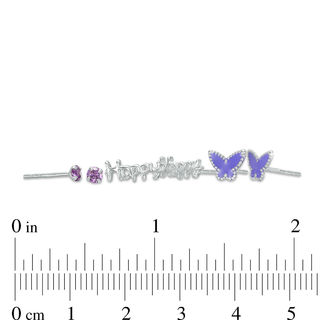 Child's 3mm Purple Cubic Zirconia Solitaire, Enamel Butterfly and "Happy" Stud Earrings Set in Sterling Silver