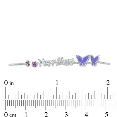 Child's 3mm Purple Cubic Zirconia Solitaire, Enamel Butterfly and "Happy" Stud Earrings Set in Sterling Silver