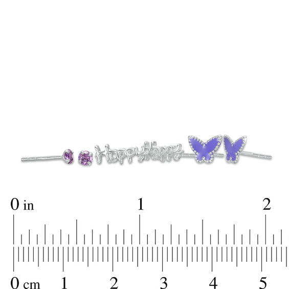 Child's 3mm Purple Cubic Zirconia Solitaire, Enamel Butterfly and "Happy" Stud Earrings Set in Sterling Silver