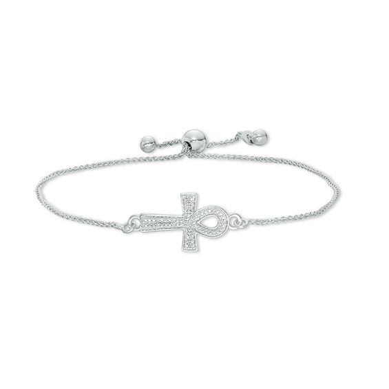 Sideways Diamond Accent Ankh Cross Bolo Bracelet in Sterling Silver - 9"