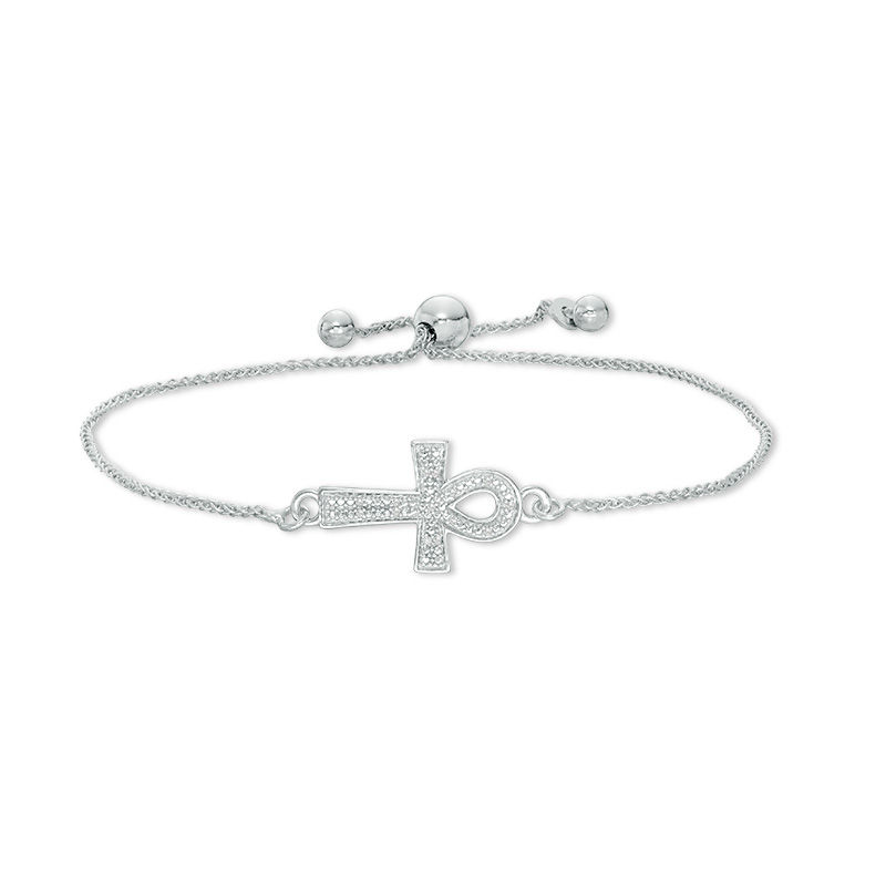 Sideways Diamond Accent Ankh Cross Bolo Bracelet in Sterling Silver - 9"