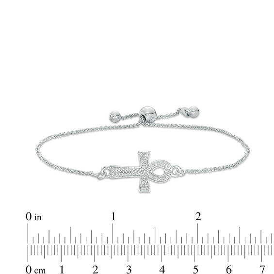Sideways Diamond Accent Ankh Cross Bolo Bracelet in Sterling Silver - 9"