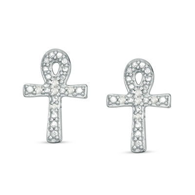 Diamond Accent and Beaded Ankh Cross Stud Earrings in Sterling Silver