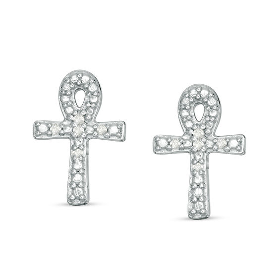 Diamond Accent and Beaded Ankh Cross Stud Earrings in Sterling Silver