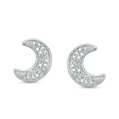 Diamond Accent and Beaded Crescent Moon Stud Earrings in Sterling Silver