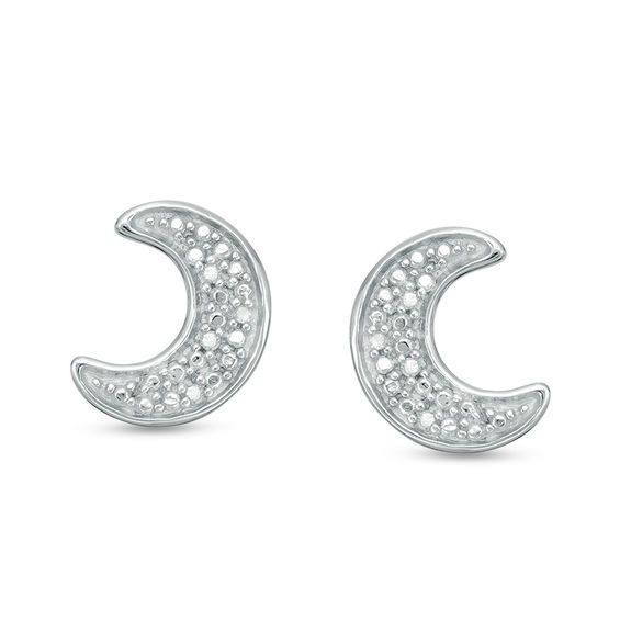 Diamond Accent and Beaded Crescent Moon Stud Earrings in Sterling Silver