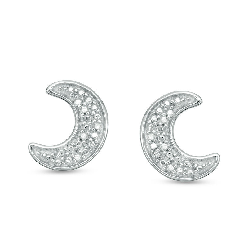 Diamond Accent and Beaded Crescent Moon Stud Earrings in Sterling Silver