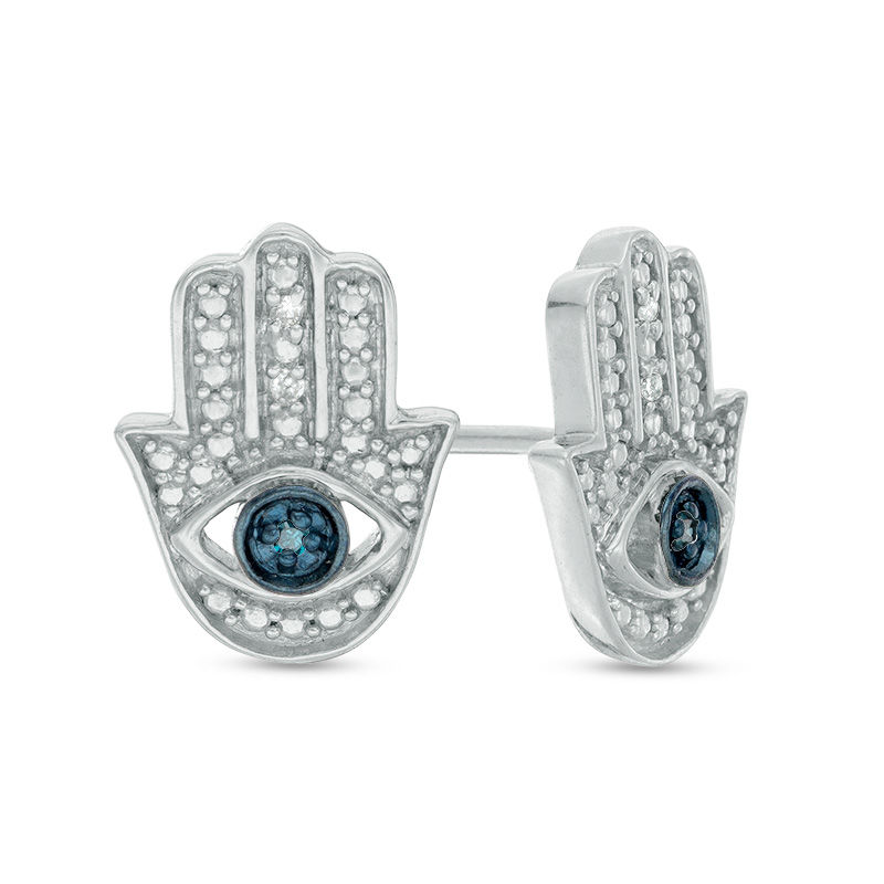 Main Image 1 of Enhanced Blue and White Diamond Accent Beaded Hamsa with Evil Eye Stud Earrings in Sterling Silver