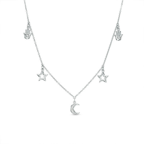 Diamond Accent Hamsa, Star and Crescent Moon Charm Choker Necklace in Sterling Silver  - 16"