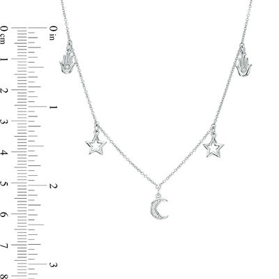 Diamond Accent Hamsa, Star and Crescent Moon Charm Choker Necklace in Sterling Silver  - 16"