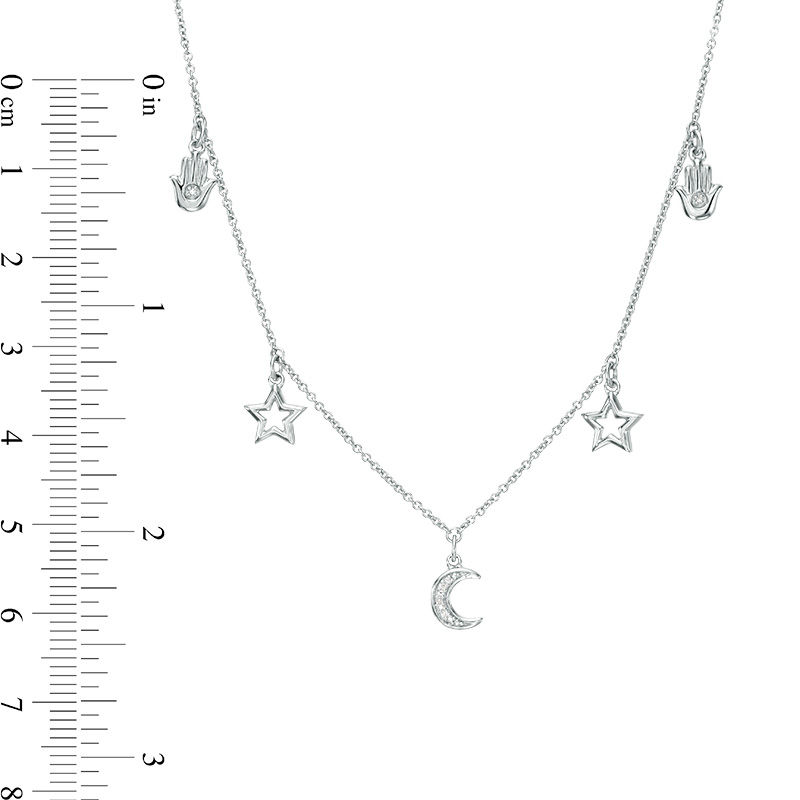 Diamond Accent Hamsa, Star and Crescent Moon Charm Choker Necklace in Sterling Silver  - 16"