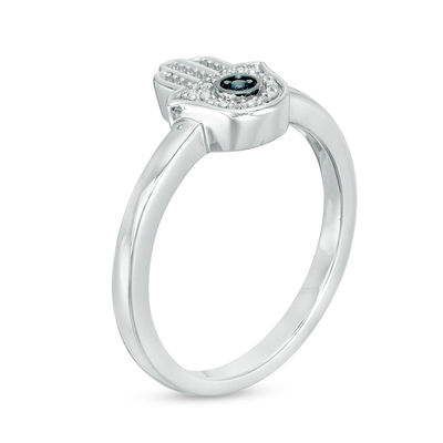 Diamond Accent and Blue Rhodium Bead Hamsa Ring in Sterling Silver - Size 7