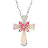 Pear-Shaped Simulated Pink Opal and Marquise Lab-Created Pink Sapphire Floral Cross Pendant in Sterling Silver