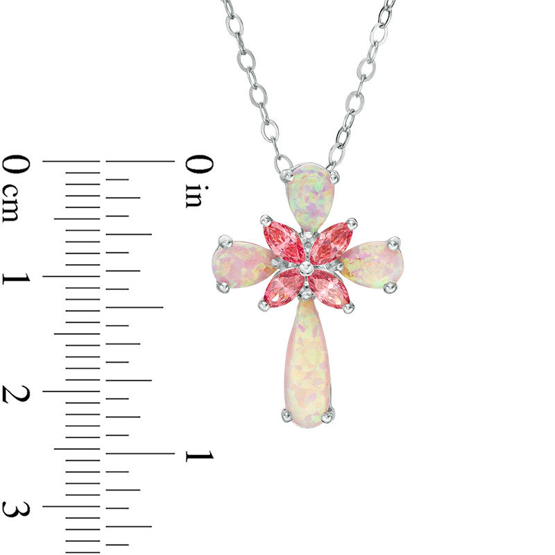 Pear-Shaped Simulated Pink Opal and Marquise Lab-Created Pink Sapphire Floral Cross Pendant in Sterling Silver