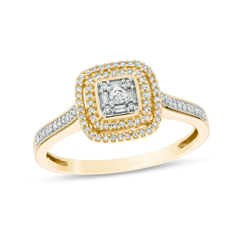 1/5 CT. T.W. Baguette and Round Square Composite Diamond Double Frame Promise Ring in 10K Gold