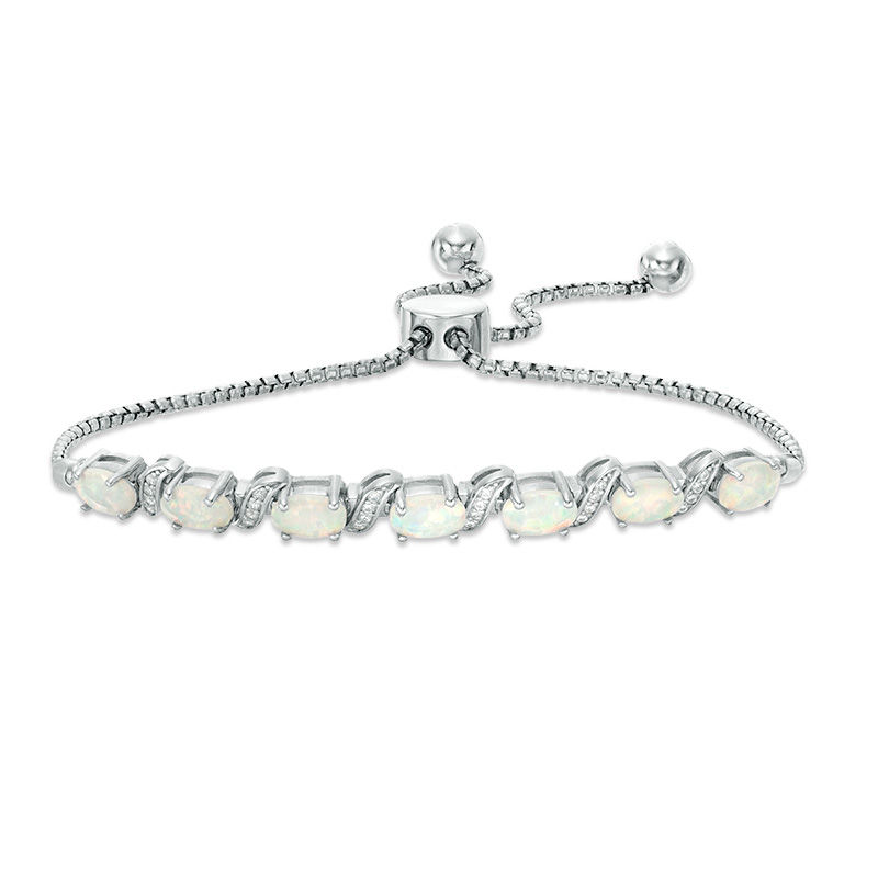 Main Image 1 of Oval Lab-Created Opal and Cubic Zirconia Cascade Bolo Bracelet in Sterling Silver - 10"