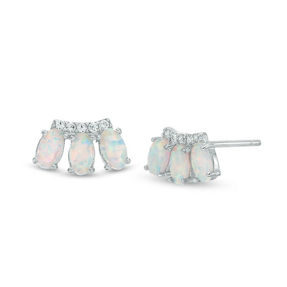 Oval Simulated Opal and Cubic Zirconia Three Stone Crawler Earrings in Sterling Silver