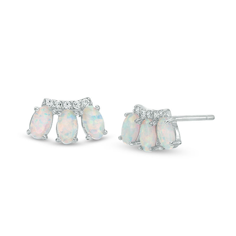Main Image 1 of Oval Simulated Opal and Cubic Zirconia Three Stone Crawler Earrings in Sterling Silver