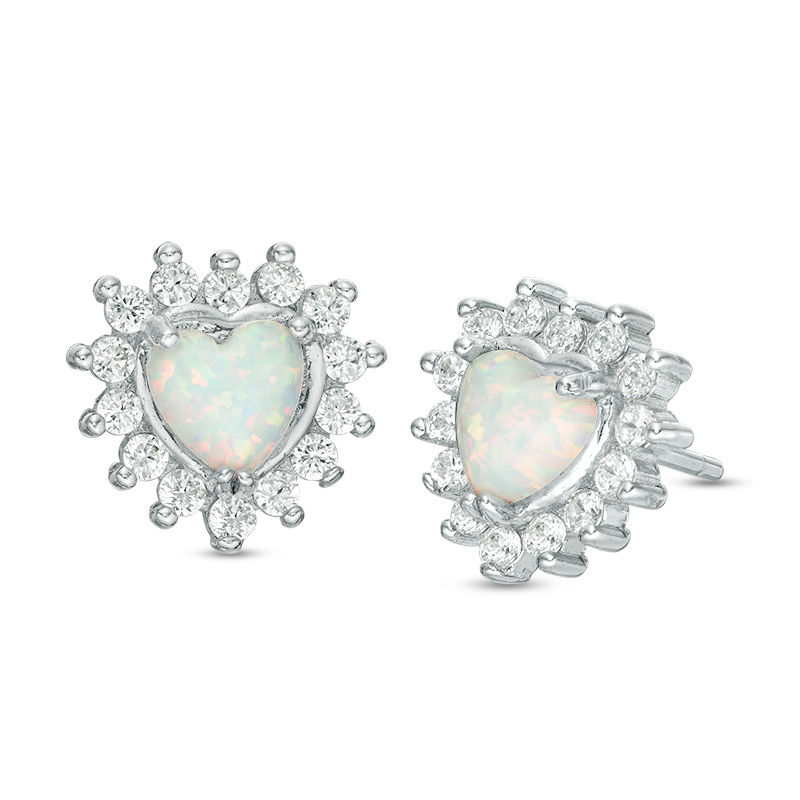 5mm Heart-Shaped Simulated Opal and Cubic Zirconia Starburst Frame Stud Earrings in Sterling Silver