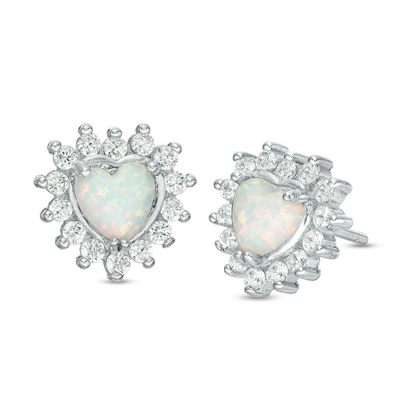 Main Image 1 of 5mm Heart-Shaped Simulated Opal and Cubic Zirconia Starburst Frame Stud Earrings in Sterling Silver