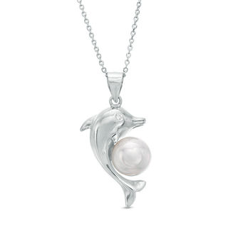 8mm Freshwater Cultured Pearl and Cubic Zirconia Dolphin Pendant in Sterling Silver