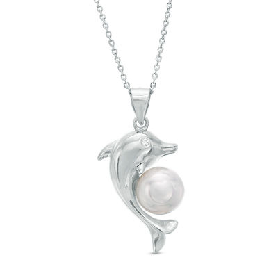 8mm Freshwater Cultured Pearl and Cubic Zirconia Dolphin Pendant in Sterling Silver