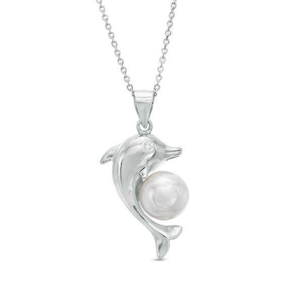 8mm Cultured Freshwater Pearl and Cubic Zirconia Dolphin Pendant in Sterling Silver