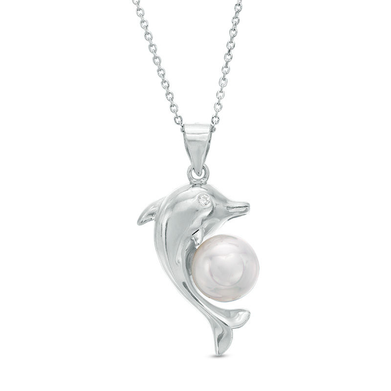 Main Image 1 of 8mm Freshwater Cultured Pearl and Cubic Zirconia Dolphin Pendant in Sterling Silver