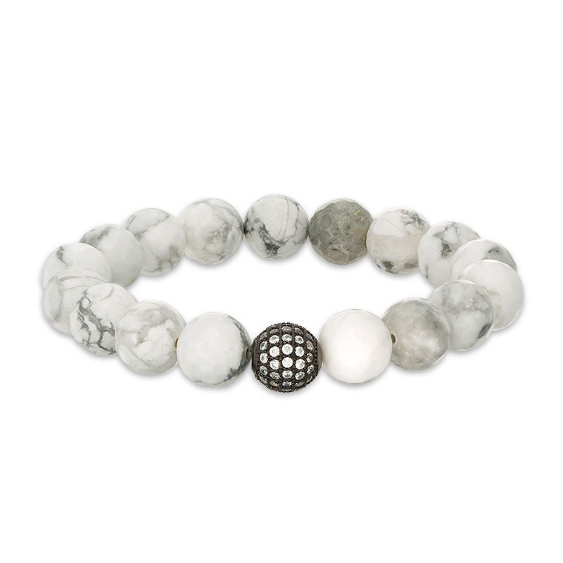 10mm Howlite Bead and Cubic Zirconia Ball Stretch Bracelet in Sterling Silver with Black Rhodium - 6"