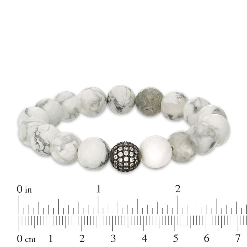 10mm Howlite Bead and Cubic Zirconia Ball Stretch Bracelet in Sterling Silver with Black Rhodium - 6"