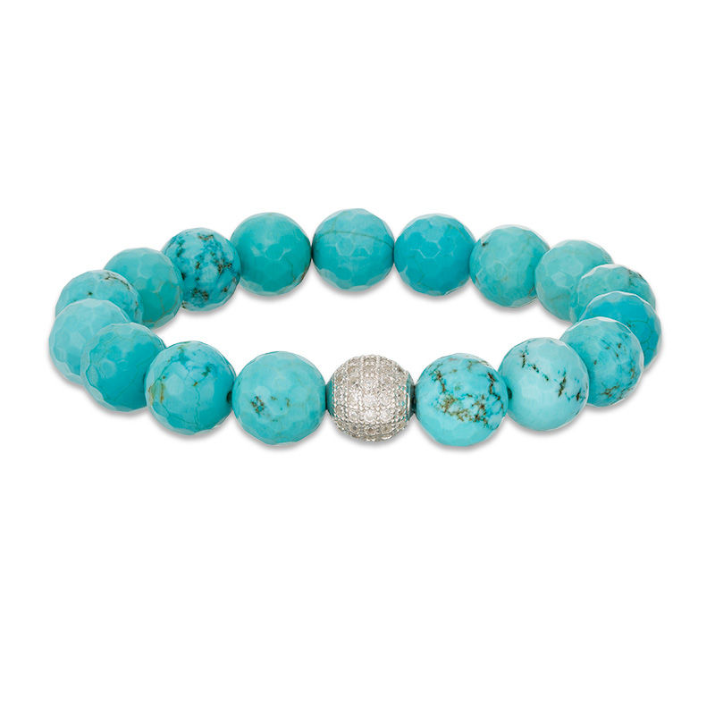 Main Image 1 of 10mm Blue Howlite Bead and Cubic Zirconia Ball Stretch Bracelet in Sterling Silver - 6"