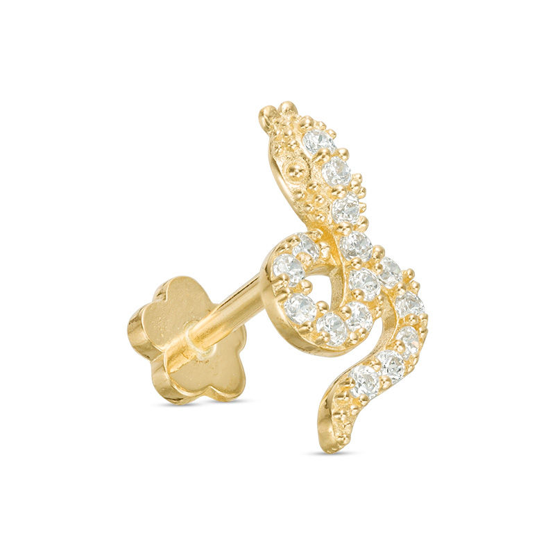 019 Gauge Cubic Zirconia Snake Cartilage Barbell in 14K Gold