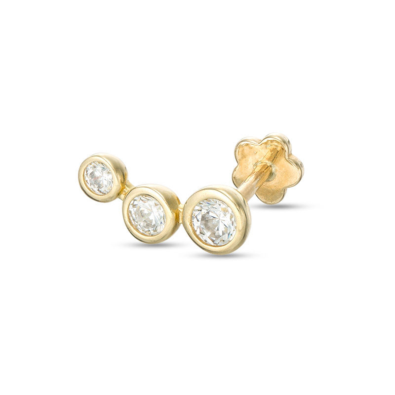 019 Gauge Graduated Bezel-Set Cubic Zirconia Trio Cartilage Barbell in 14K Gold