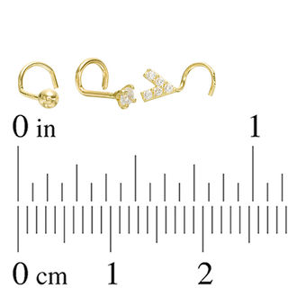 022 Gauge Cubic Zirconia Solitaire and Arrow Three Piece Nose Stud Set in 14K Gold