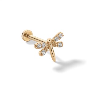 14K Tube Gold CZ Dragonfly Stud - 18G 5/16"