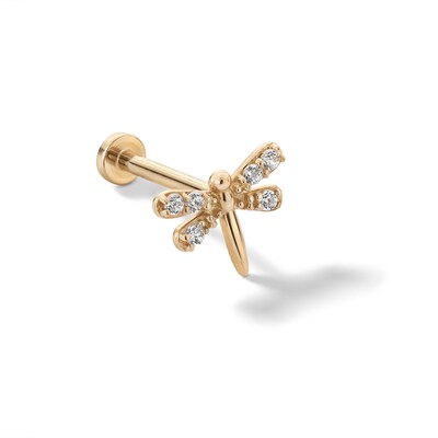 14K Tube Gold CZ Dragonfly Stud - 18G 5/16"