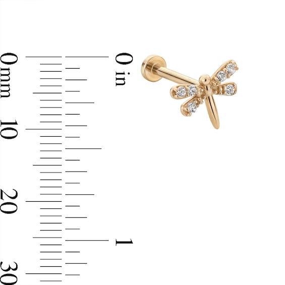 14K Tube Gold CZ Dragonfly Stud - 18G 5/16"
