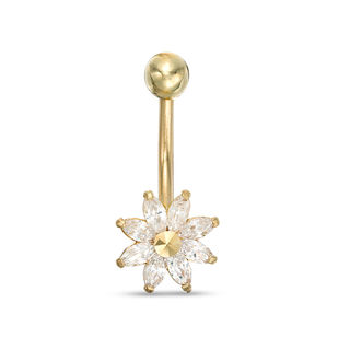 014 Gauge Marquise Cubic Zirconia Flower Belly Button Ring in 10K Gold