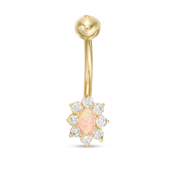 014 Gauge Oval Simulated Opal and Cubic Zirconia Starburst Frame Belly Button Ring in 10K Gold