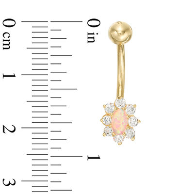 014 Gauge Oval Simulated Opal and Cubic Zirconia Starburst Frame Belly Button Ring in 10K Gold
