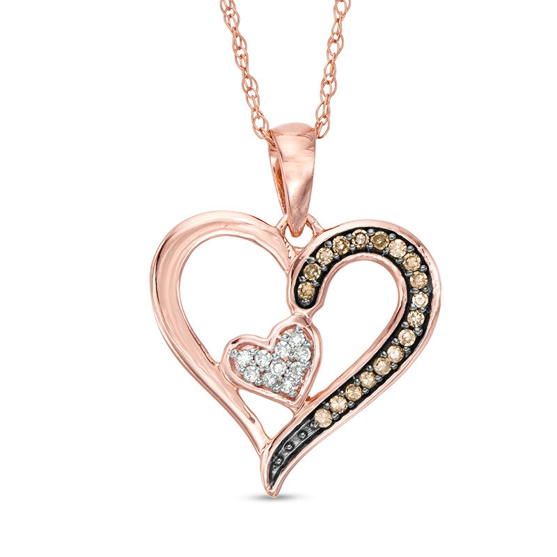 Main Image 1 of 1/8 CT. T.W. Champagne and White Composite Diamond Double Heart Pendant in 10K Rose Gold