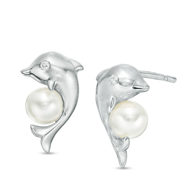 Main Image 1 of 5mm Simulated Pearl and Cubic Zirconia Dolphin Stud Earrings in Sterling Silver